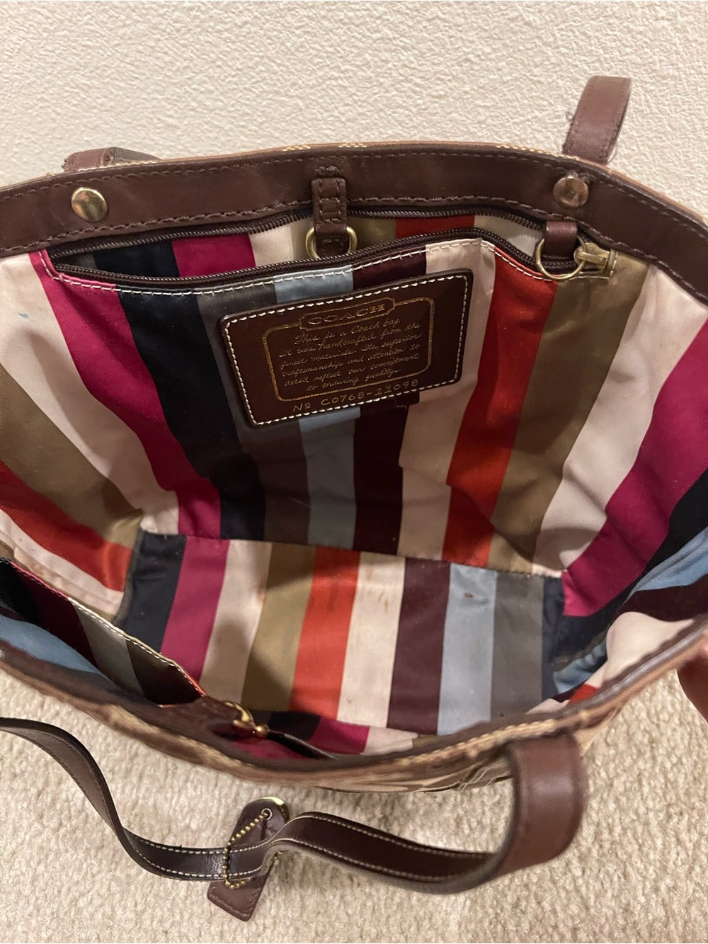 Coach Signature Stripe Brown Canvas Tote Bag with Legacy Stripe Lining - Picture 5 of 9